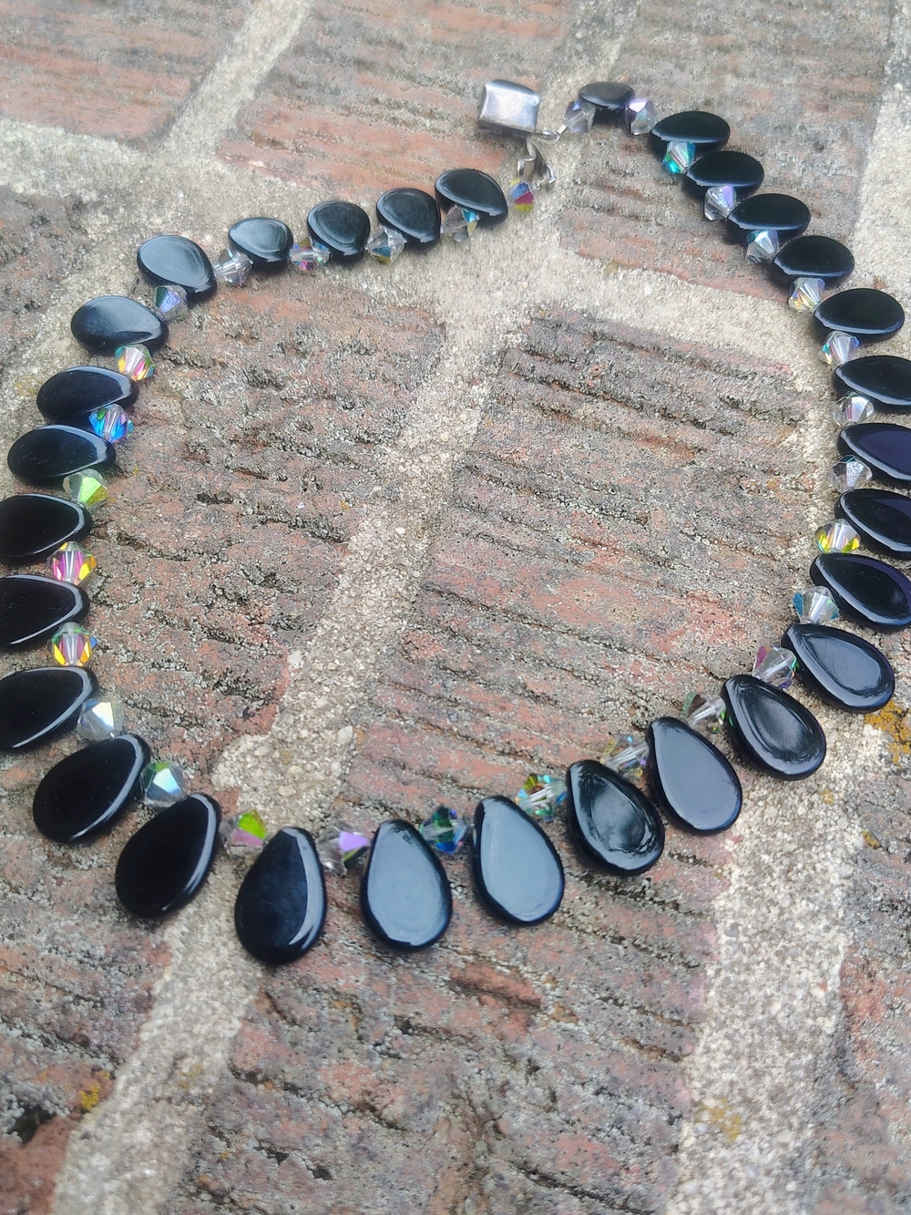925 Sterling Box Clasp Black Onyx Teardrop Necklace with Aurora Borealis Beads